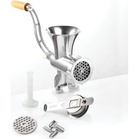 Fleischwolf Nr. 8 - Fleischwolf mit Messer, geeignet für Fleisch und Gemüse, mit Gebäckaufsatz und Schubstange - Aluminium