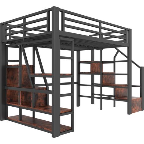Cama alta 140 x 200 cm de metal y MDF con LED, almacenaje y escalera, negro (1/5)
