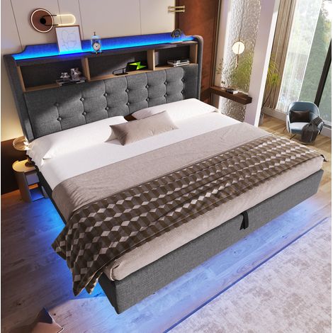 Letto contenitore 180x200 cm in lino grigio con LED e vani portaoggetti FloraGrace (1/5)