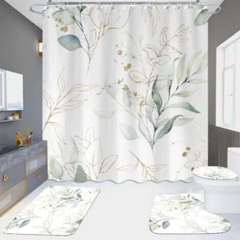 Tenda da doccia con foglie di eucalipto verde salvia, tenda da doccia con motivo a foglie primaverili, tessuto impermeabile, tenda da doccia con acquerelli verdi e oro con ganci, 180 x 180 cm