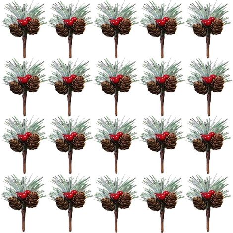 Rameau De Pin Artificiel - 8 cm Hauteur - Baies Rouges Et Flocons De Neige - Pour Décoration De Sapin De Noël Et Couronnes - 20 Pièces