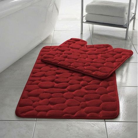 DEESSE SHOP - Ensemble de tapis de bain en galets Ensemble de piédestal en mousse à mémoire de forme Tapis de salle de bain 2 pièces Tapis de bain rouge absorbant doux et antidérapant (50 cm x 80 cm) (1/4)