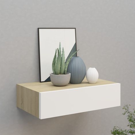 Étagère à tiroir murale Étagère suspendue Etagères Flottantes Chêne et blanc 40x23,5x10 cm MDF VSGS631600 (1/5)