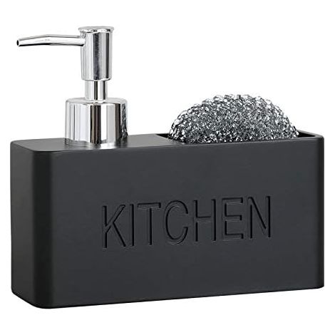 Distributeur de savon avec porte-éponge, rechargeable, pour ranger et organiser le savon, la lotion et pour la décoration de cuisine, 16,51 x 5,46 x 14,47 cm, capacité : 200 ml, noir (1/5)