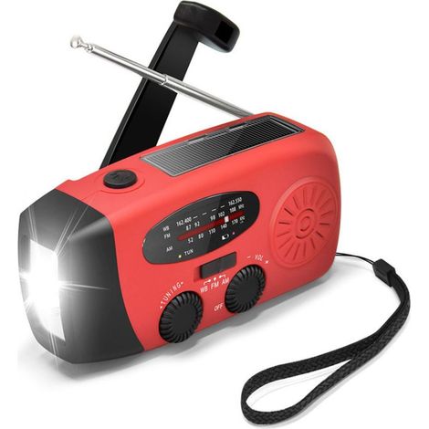 Radio multifonction d\'urgence pour la protection de l\'environnement Radio AM/FM/NOAA solaire à manivelle mono manuelle rouge (1/4)