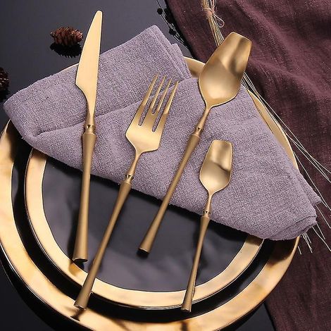 Ensemble de 4 couverts en acier inoxydable doré, style occidental, comprenant fourchettes, couteaux et cuillères, rose et or. (1/4)
