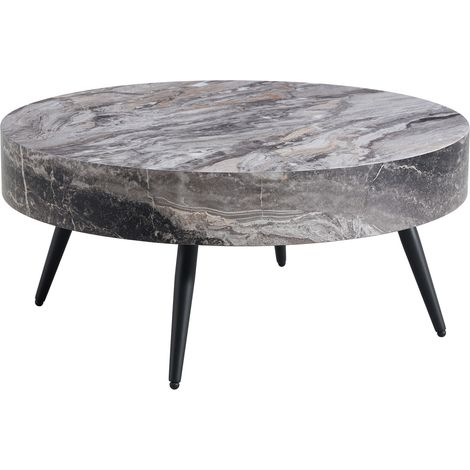 Table basse ronde 70 cm effet marbre gris en MDF, pieds métal noirs réglables, design minimaliste pour salon et petits espaces  CHICFURN (1/5)