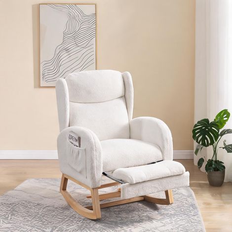 Fauteuil à bascule blanc en tissu Teddy avec repose-pieds (1/5)