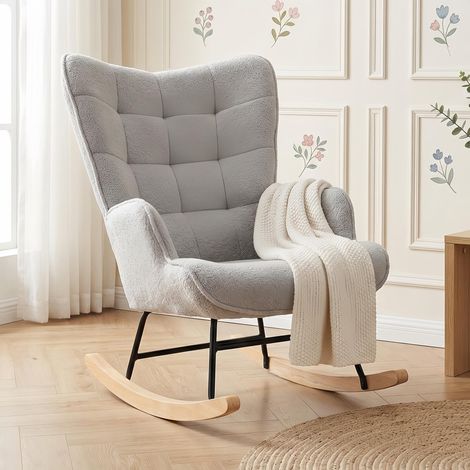 Rocking Chair Velours, Fauteuil à Bascule avec Accoudoirs - Dossier Capitonné et Pieds en Bois Massif - Scandinave, Gris