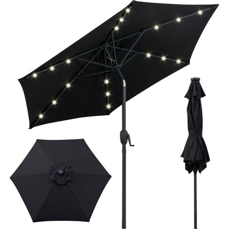 Parasol de Terrasse Solaire de 230 cm, avec Lumières LED, Inclinaison par Bouton-Poussoir, Manivelle, Auvent Ventilé, Noir (1/5)