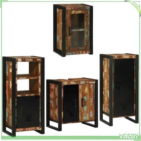 Ensemble de meubles de salle de bain - FAF7291712428326 - Bois récupéré massif - Cadre métal noir - 4 pcs muraux, 5 portes (1/5)