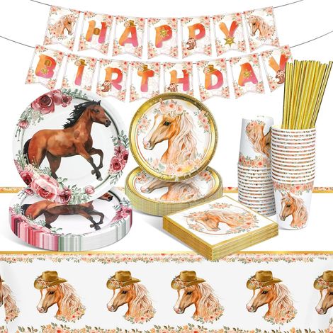 Cheval Vaisselle Anniversaire, Cheval Party Supplies Set, Chevaux Vaisselle de Fête Assiette Papier Tasse Serviette Nappe Paille pour Decoration Anniversaire (16 Invités) (1/5)