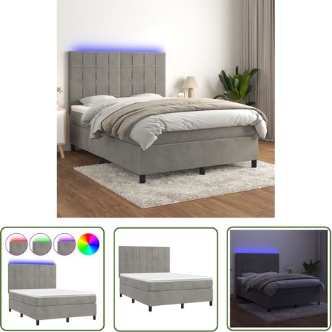 The Living Store Sommier à lattes de lit matelas et LED Gris clair 140x190 cm - Lit Plateforme - Lit Capitonné - Lit Design - Lit Velours - Lit Avec Éclairage Led (1/5)