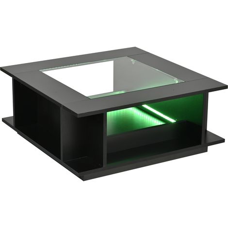 Mesa de centro cuadrada 70x70x30 cm negra con tablero de vidrio, LED y acabado brillante (1/5)