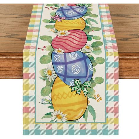 Chemin de table de Pâques, motif marguerites et œufs à carreaux, décoration saisonnière pour cuisine et salle à manger, 33 x 183 cm (1/5)