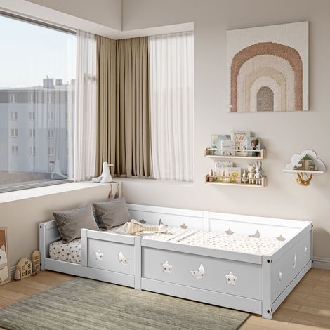 Lit simple au sol 140x200 cm, lit enfant 140x200 avec barrière de sécurité, cadre de lit Montessori en pin massif, sommier à lattes, Blanc
