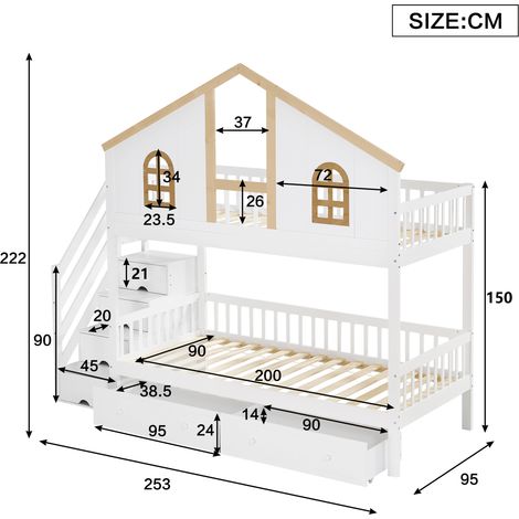 Lit superposé pour enfant, avec barrière de sécurité contrastée, fenêtre, deux tiroirs à roulettes, escalier avec 4 compartiments de rangement, pin+MDF, blanc+naturel, 90x200cm (1/5)