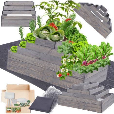 MODO24 ZP09 Carré potager surélevé en escalier modulable, bois de pin, herbes/légumes, jardin/terrasse/balcon, 54x117x90 cm, gris