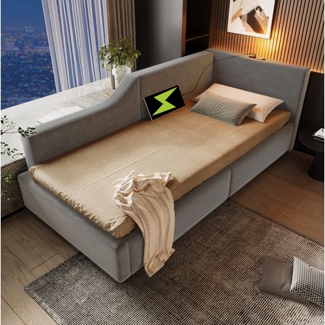 lit chambre rangement hydraulique 90x200 velours gris OKMYHOME (1/5)