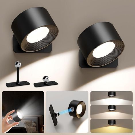AMXCNOY Appliques murales sans fil à piles, lot de 2, LED rechargeables, 3 températures de couleur (chaud/froid/neutre), boule magnétique rotative 360°, charge rapide via port USB-C (1/5)