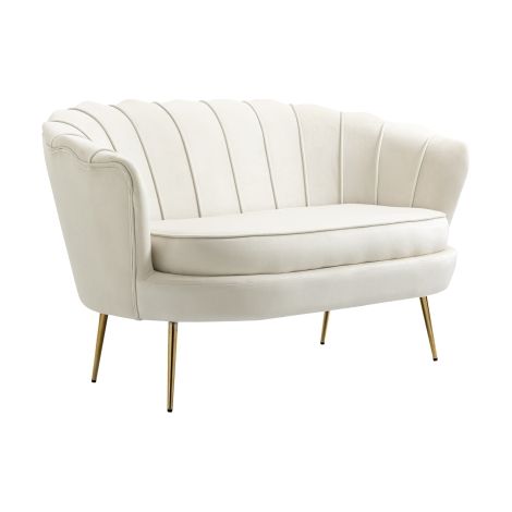 Canapé 2 places en tissu velours, petit canapé, en forme de coquillage, avec coussin épais de 10 cm, canapé, structure en métal, pieds dorés effilés, facile à assembler, crème (1/5)