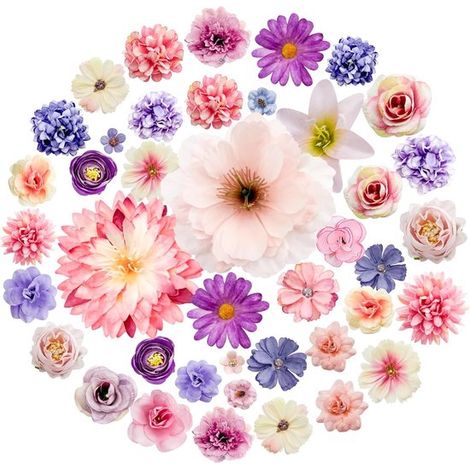 48 têtes de fleurs artificielles pour loisirs créatifs - 2,5 à 9 cm - Petites fleurs artificielles - Décoration florale en tissu - Rose et violet - Idéal pour mariages, gâteaux, loisirs créatifs, fête (1/5)
