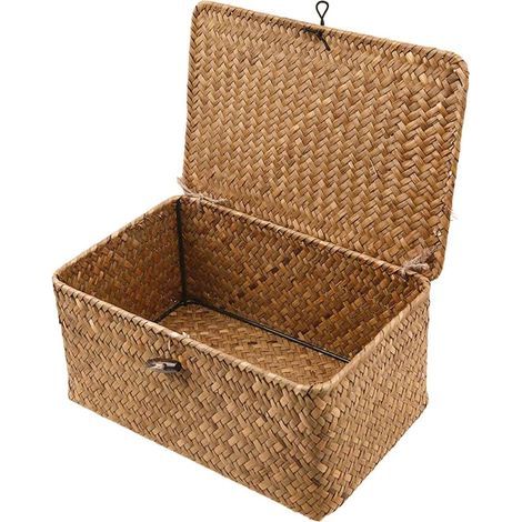 Handwoven natural wicker rectangular storage box with lid, natural rattan rectangular storage box (XXL size)