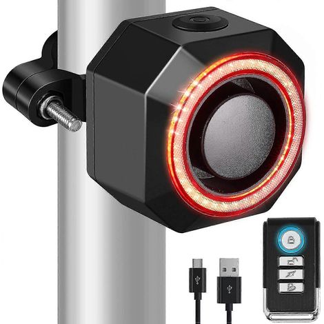 Alarma inteligente para luz trasera de bicicleta, recargable por USB, antirrobo con mando a distancia. (1/5)
