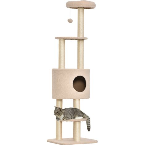 Albero Tiragraffi Robusto per Gatti con 5 Livelli, Cuccia, Casetta, Giochi e Corda Sisal, Beige, Max 30kg (1/5)