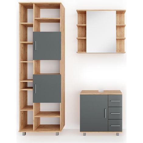 Set mobili bagno Ilias, Rovere, 3 parti, con colonna, Vicco