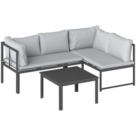 Set 3 Pezzi da Giardino con Divano Angolare Modulabile 4 Posti e Tavolino a Doghe in Metallo e Poliestere Grigio (1/5)