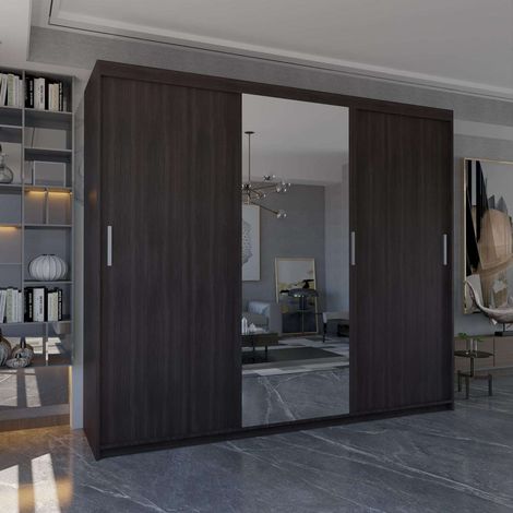 Miami 250cm Sliding Door Wardrobe with Full-Length Mirror & Modern 3-Door Design in Elegent 6 Colors - Wenge250cm