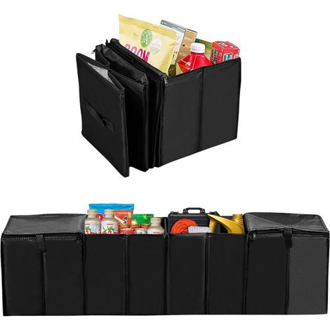 Grand sac de coffre de voiture pliable, grande capacité, 4 compartiments, avec panier de rangement, glacière et thermos réutilisables, ensemble pratique. (1/5)