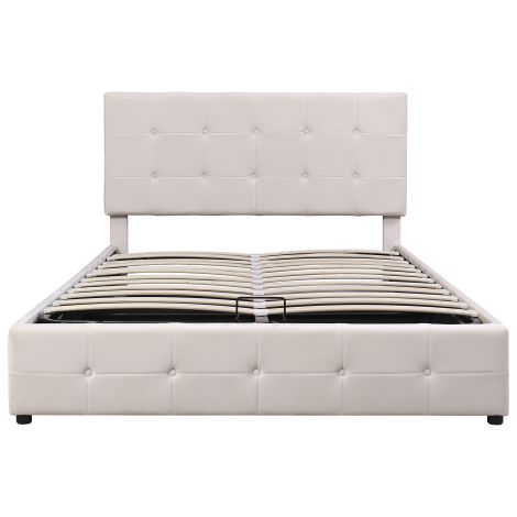 Lit coffre double 140X200, lit rembourré avec espace de rangement relevable hydrauliquement, tête de lit rembourrée réglable en hauteur, sommier à lattes métalliques, tissu velours doux, Blanc crème (1/5)