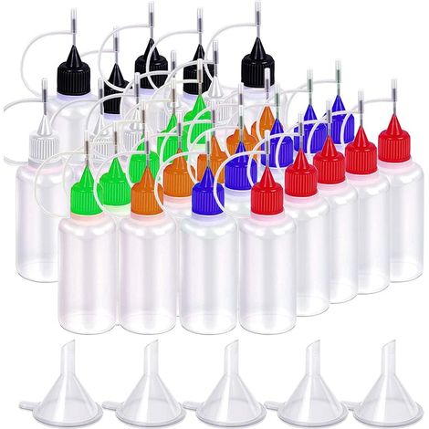 Flacons Applicateurs à Embout - 30pcs 10ml Flacons Translucides et 30pcs Embouts Colorés, Livrés avec 5pcs Mini Entonnoirs pour Loisirs, Quilling, Peinture Acrylique (1/5)