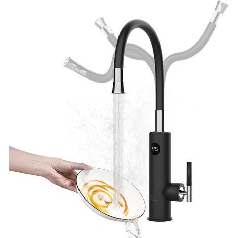 Robinet Électrique Сhauffe-Eau Instantané 3200W, Rotatif à 360° Robinet Evier de Cuisine en Acier Inoxydable avec Affichage de la Température LED et Flexible Bec, 230V Robinet Chauffant Instantané (1/5)