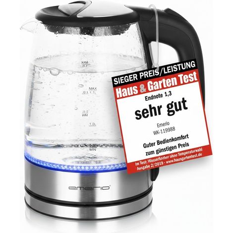Bouilloire en verre WK-119988, 1,7 litre, 2200 watts, éclairage intérieur LED, base à 360°, pour la maison et le jardin, noir, argent (1/5)