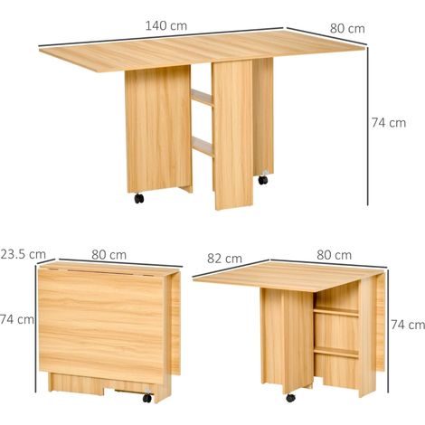 Folding Dining Table, Drop Leaf Table for Small Spaces, Foldable Rectangular Tabletop with Storage Shelves for Kitchen, Dining Room, Teak