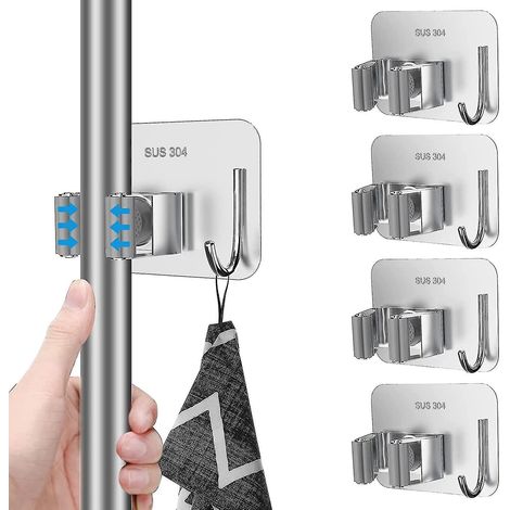 Lot de 4 supports pour balais et serpillères, support mural en acier inoxydable sans perçage avec crochet, organisateur de balais et serpillères pour salle de bain, bureau, cuisine, placard, garage ( (1/5)