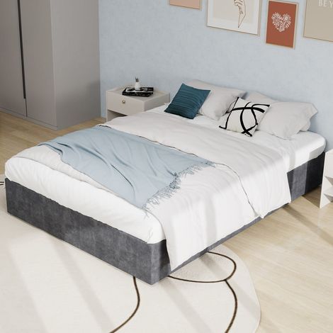 Cadre lit 160x200 cm velours néerlandais gris style moderne sommier gaz sans tête ni matelas (1/5)