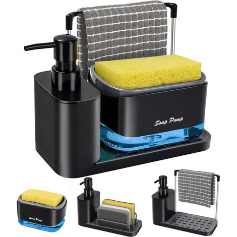 1 Distributeur Liquide Vaisselle, 4 en 1, Porte-éponge ABS, Bac Vidange, Organisateur Évier Cuisine (1/5)