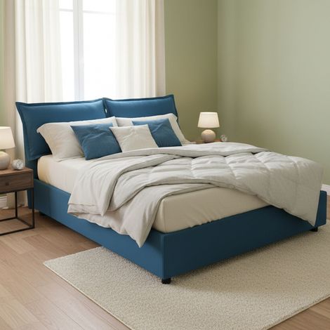 Talamo Italia Cama matrimonial Silvia, Cama contenedor con revestimiento de tela, 100% Made in Italy, Apertura frontal, con colchón 140x190 cm incluido, Azul, con embalaje reforzado (1/5)