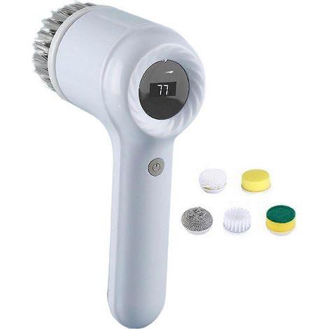 Brosse électrique à vaisselle avec 5 têtes de brosse, pour évier de cuisine, salle de bain, douche et carrelage (blanc). (1/5)