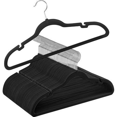 Paquete de 50 perchas antideslizantes, con muescas para los hombros, barra para pantalones, gancho giratorio de 360°, ahorran espacio, 0,6 cm de grosor, 42 × 23 cm de largo, color negro. (1/5)