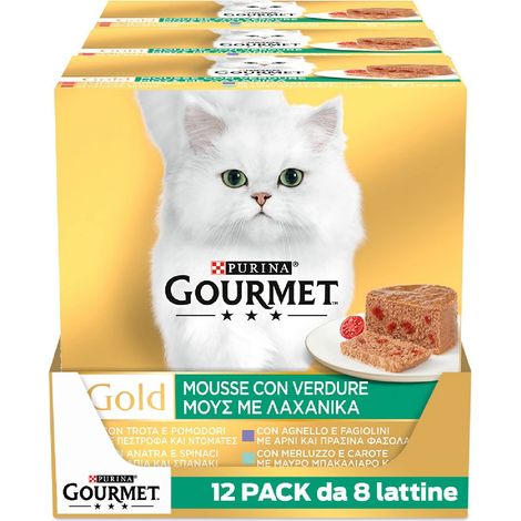 Purina Gourmet Gold Mousse per Gatti con Verdure Umido Gatto Agnello, Anatra, Trota, Merluzzo, 96 Lattine da 85g (1/5)