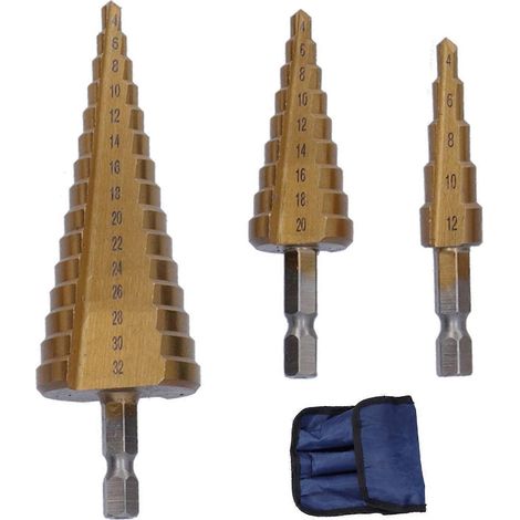 3-teiliges Stufenbohrer-Set aus HSS-Stahl mit Sechskantgriff und gerader Nut für Kegelbohrungen