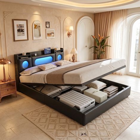 Letto contenitore 160x200 cm in lino con LED, letto idraulico imbottito, testiera morbida, struttura in acciaio