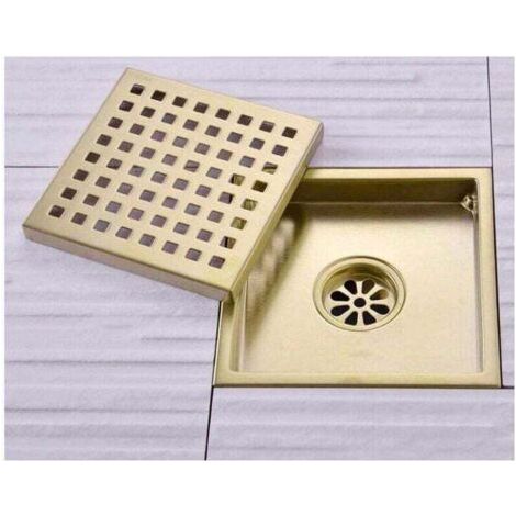 Caniveau de Douche Or Acier Inoxydable Carré 15x15cm Drain de Douche Siphon de Sol Drain de Plancher avec Couvercle de Siphon de Sol, Noyau DéSodorisant en Laiton,Brushed Gold [Classe énergétique A],