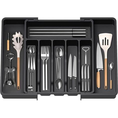 Range couverts extensible 33-57 cm – Organisateur de tiroir réglable en PP sans BPA – 8 compartiments – Rangement compact pour cuisine (1/5)