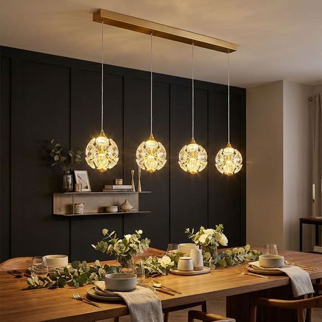 Suspension LED en verre, hauteur réglable, couleur dorée, 4 ampoules, H 150 cm (1/5)